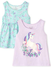 Paquete de 2 camisetas sin mangas de unicornio para niñas pequeñas