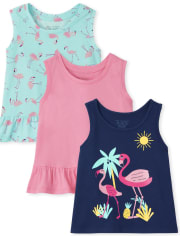 Paquete de 3 camisetas sin mangas con volantes de flamencos para niñas pequeñas