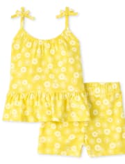 Conjunto de 2 piezas de camiseta sin mangas con hombros anudados y flores para niñas pequeñas