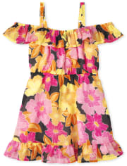 Vestido floral con volantes y hombros descubiertos para niñas pequeñas