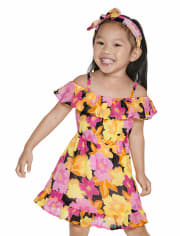 Vestido floral con volantes y hombros descubiertos para niñas pequeñas
