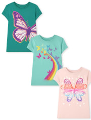 Paquete de 3 camisetas con gráfico de mariposa para niñas