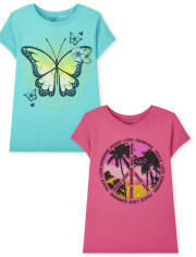 Paquete de 2 camisetas con estampado de mariposa y signo de la paz para niñas