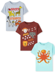 Paquete de 3 camisetas con estampado de animales para niños pequeños