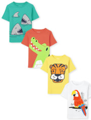 Paquete de 4 camisetas con estampado de animales para bebés y niños pequeños