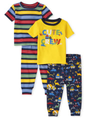 Paquete de 2 pijamas unisex de algodón con rayas de dinosaurio para bebés y niños pequeños