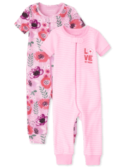 Baby And Toddler Girls Striped Floral Snug Fit Cotton One Piece Pajamas 2-Pack