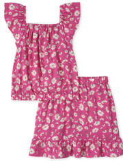 Girls Floral Top And Ruffle Skirt 2-Piece Set