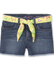Girls Belted Denim Shortie Shorts