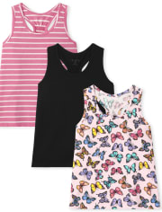 Paquete de 3 camisetas sin mangas con espalda fruncida y mariposa para niñas