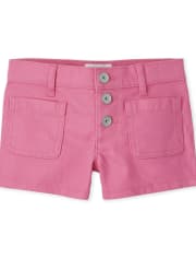 Girls Button Front Twill Patch Pocket Shorts