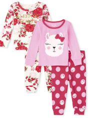Paquete de 2 pijamas de algodón ajustados con flores y llamas para bebés y niñas pequeñas Mami y yo