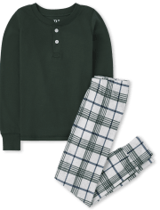 Boys Plaid Henley Snug Fit Cotton Pajamas