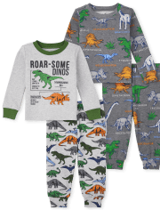 Paquete de 2 pijamas de algodón de ajuste ceñido Dino para bebés y niños pequeños