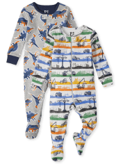 Baby And Toddler Boys Dino Construction Snug Fit Cotton One Piece Pajamas 2-Pack
