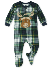 Unisex Baby And Toddler Matching Family Plaid Moose Fleece One Piece Pajamas