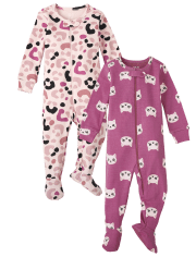 Baby And Toddler Girls Cat Leopard Snug Fit Cotton One Piece Pajamas 2-Pack