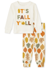 Pijama unisex de algodón con diseño de hojas familiares a juego para bebés y niños pequeños