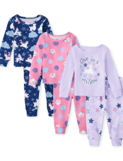 Paquete de 3 pijamas de algodón ajustados con ovejas para bebés y niñas pequeñas