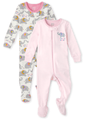 Baby And Toddler Girls Elephant Snug Fit Cotton One Piece Pajamas 2-Pack