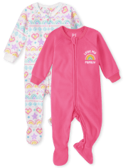 Paquete de 2 pijamas de una pieza de forro polar con diseño de arcoíris para niñas pequeñas y bebés