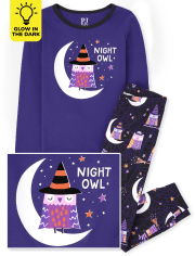 Girls Glow Night Owl Snug Fit Cotton Pajamas