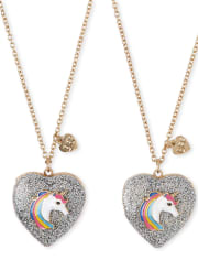 Paquete de 2 collares con medallón BFF de unicornio arcoíris con purpurina para niñas
