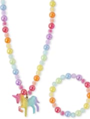 Girls Rainbow Unicorn Beaded Necklace And Bracelet Set