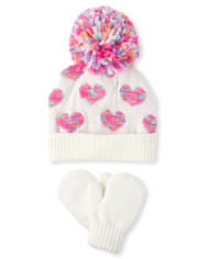 Conjunto de gorro y manoplas con corazones para niñas pequeñas