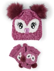 Girls Owl Hat And Mittens Set