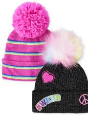 Girls Rainbow Pom Pom Hat 2-Pack
