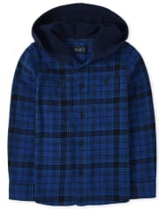 Boys Plaid Flannel Button Down Hooded Top