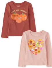 Paquete de 2 camisetas con gráfico de calabaza y corazón para niñas pequeñas