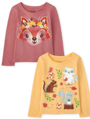 Paquete de 2 camisetas con estampado de animales para niñas pequeñas