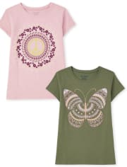 Paquete de 2 camisetas con estampado de mariposas de la paz para niñas