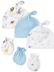 Unisex Baby Striped Knotted Hat And Mittens 6-Piece Set