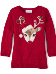 Baby And Toddler Girls Sequin Reindeer Sweater Dress