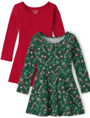Toddler Girls Candy Cane Skater Dress 2-Pack