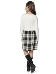 Girls Plaid Knit To Woven Dress