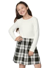 Girls Plaid Knit To Woven Dress