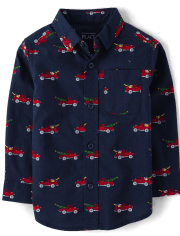 Camisa con botones de popelina con diseño de camión navideño para bebés y niños pequeños