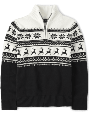 Boys Reindeer Fairisle Half Zip Mock Neck Sweater