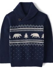 Toddler Boys Bear Fairisle Shawl Neck Sweater