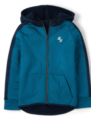 Boys Moisture Wicking Colorblock Fleece Sherpa Lined Zip Up Hoodie