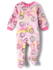 Baby And Toddler Girls Tie Dye Happy Face Fleece One Piece Pajamas