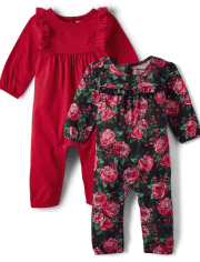 Baby Girls Floral Ruffle Jumpsuit 2-Pack
