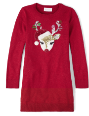 Girls Sequin Reindeer Sweater Dress