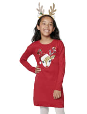 Girls Sequin Reindeer Sweater Dress