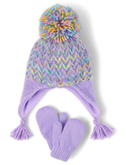 Toddler Girls Rainbow Heart Hat And Mittens Set