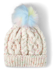 Girls Rainbow Cable Knit Pom Pom Hat